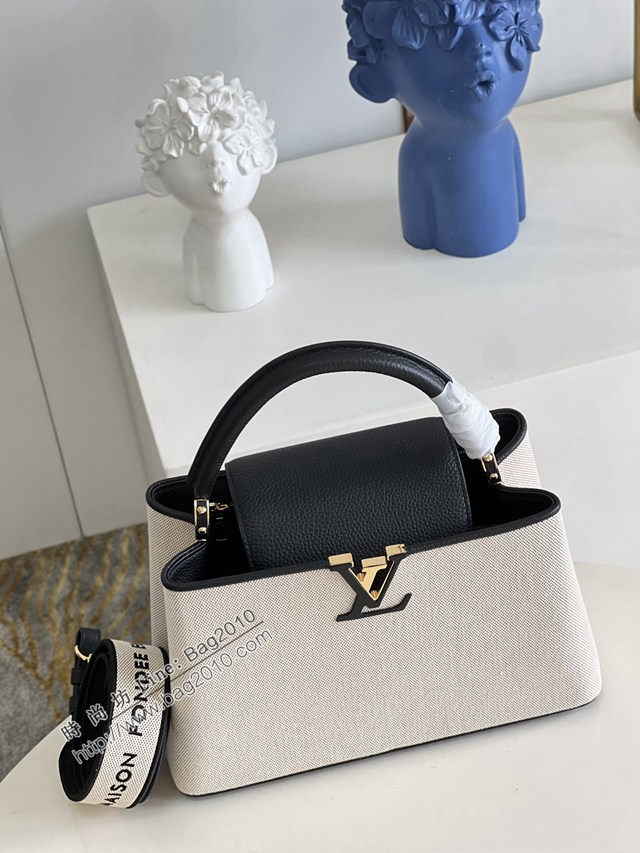 LV專櫃2023新款Capucines MM手袋 M48865黑拼帆布刺繡 路易威登Capucines搭蓋手提肩背女包 dn1127
